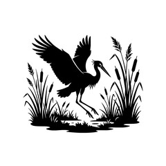 Naklejka premium Black silhouette of a crane bird in marshland with reeds