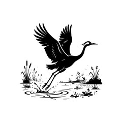 Naklejka premium Black silhouette of a crane flying over water vector illustration