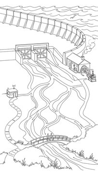 Historical dam and water mill illustration white background.