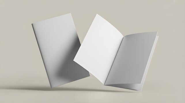 Two blank booklet or zine mockups floating against a neutral light grey background, one closed and one open to show interior pages