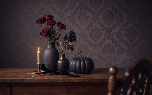 Moody autumn still life with black vase and pumpkin