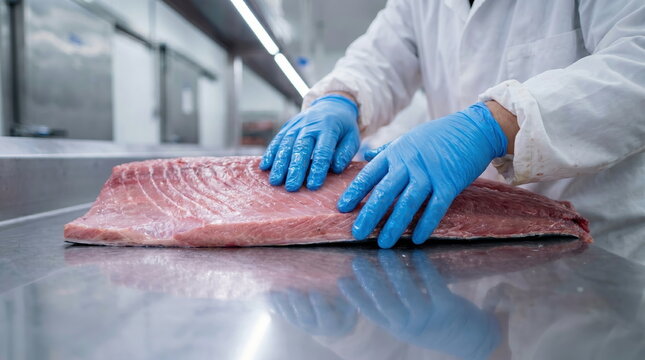 Seafood processing worker handling fresh tuna fillet in industrial kitchen, food safety and quality control.