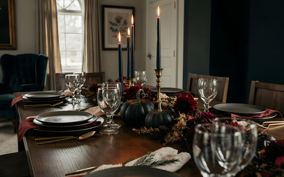 Luxury Halloween dinner table decoration with black pumpkins