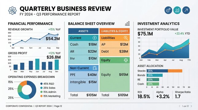 Quarterly business review dashboard template. Financial performance and balance sheet charts. Vector illustration of corporate report data