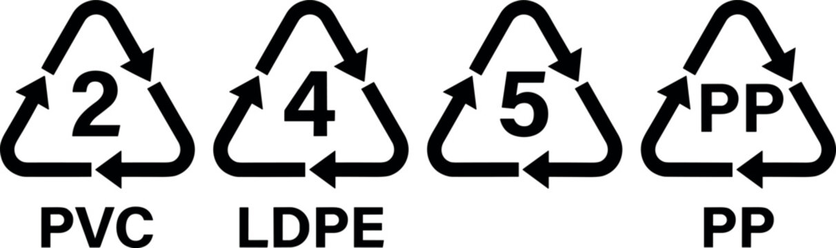 Set of black vector plastic recycling code and resin identification symbols featuring PVC, LDPE, and PP labels.