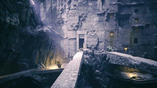 Moss covered stone aqueduct with light filtering through high arches, damp pathways and textured masonry atmospheric teal glow highlights algae, sediment layers