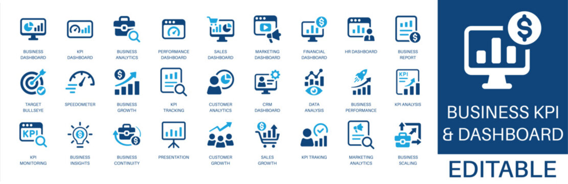 Business kpi and dashboard solid icon set. Featuring data analysis, business growth, sales growth, kpi tracking, and business report. Editable vector glyphs for business strategy and management.