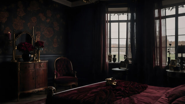 Minimalist dark gothic room interior design mockup