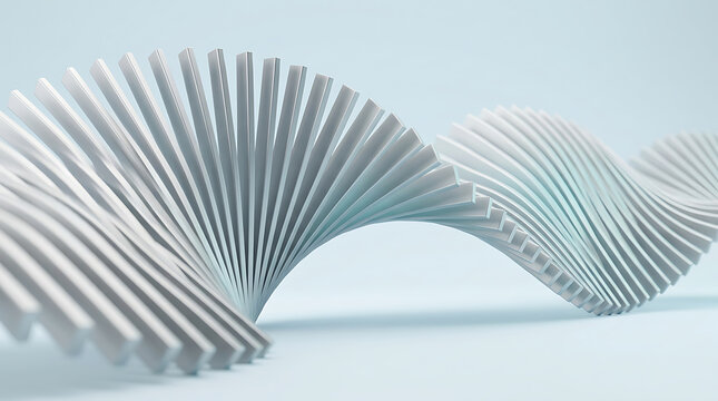 Abstract architectural wave structure with repeating white geometric fins on light blue