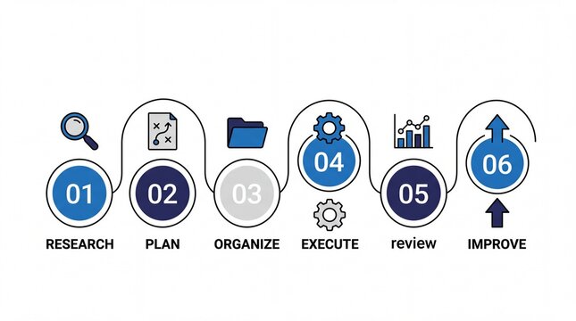 Business process infographic with 6 steps, project management workflow diagram, corporate strategy timeline vector illustration