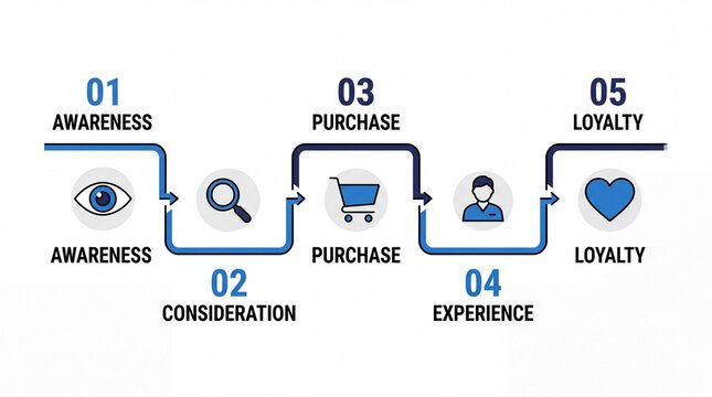 Customer journey map infographic with 5 steps, business marketing funnel diagram, user experience process flow chart on white background