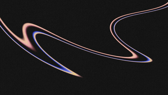 Abstract grainy textured background with glowing wavy curved flow lines in soft pink and bright blue. Noise grain texture, fluid swirling shapes on a deep black backdrop.