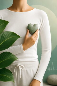 Woman holding stone heart on chest near green plant leaves in bright interior setting representing holistic health, wellness and care.