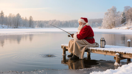 Obraz premium Santa fisherman sits on a snowy dock beside a frozen lake, holding a fishing rod in a peaceful Christmas winter landscape scene
