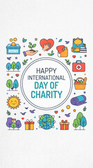 Naklejka premium International Day of Charity Greeting Banner with Donation Box, Food Basket, Medical, and World Care Icons Background