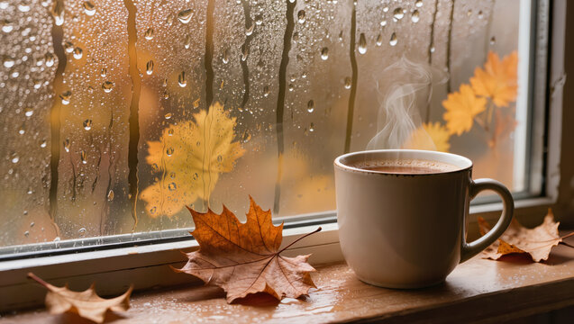 Steaming coffee cup beside dry maple leaves on a rainy windowsill, creating a cozy autumn mood with warm seasonal colors and soft light