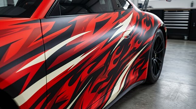 High velocity motorsport vinyl wrap pattern with accelerated streaks and fire elements This non objective visual matrix incorporates energetic scarlet dark and ivory velocity streaks alongside