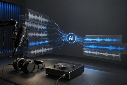 AI Podcast Editing Workflow With Microphone and Waveforms