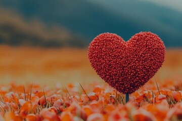 Fototapeta premium Heart shaped sculpture in red textured design standing in orange flower field representing romance emotion holiday love celebration background