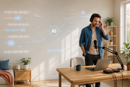 AI Podcast Editing Concept in Bright Home Creator Studio
