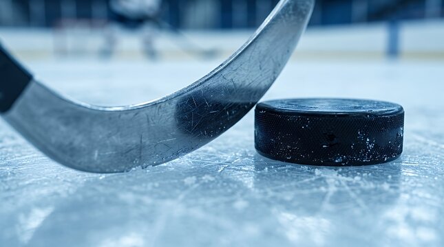 Cerulean shaded macro perspective of a curved slider blade and vulcanized rubber disc on frozen arena floor Three dimensional depiction of athletic winter gear on the glazed surface with soft focus