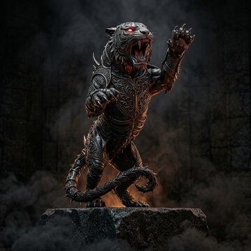 Armored tiger statue roaring with glowing eyes in smoky darkness.