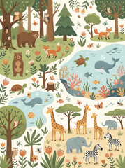 Naklejka premium Whimsical Forest and Wildlife Habitat Scene with Diverse Animals in Nature