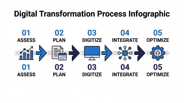 Digital transformation process infographic, 5 steps business strategy roadmap, corporate technology integration workflow diagram