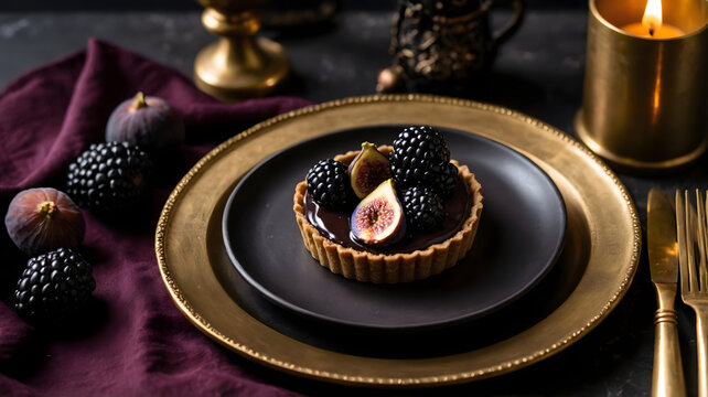 Gourmet dark chocolate tart dessert with fresh figs