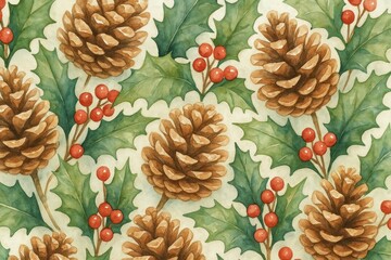Fototapeta premium Festive pinecones holly watercolor pattern.