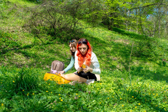 Two Young Women Friends Having a Picnic on a Grassy Hillside with Yellow Flowers in Spring