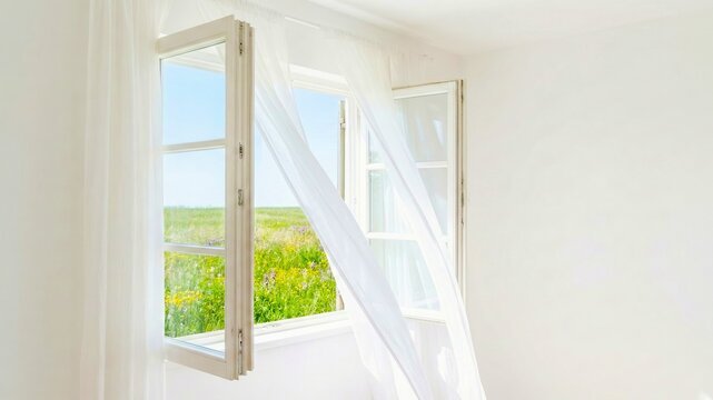 Open window with sheer white curtains billowing in bright room overlooking green field, fresh air and natural ventilation concept.