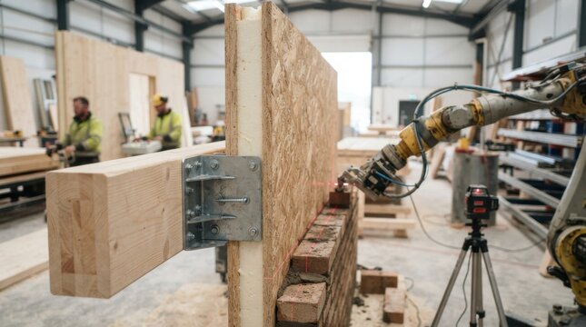 Modern construction methods with timber beams, SIP wall panels, robotic bricklaying arm, laser level, and steel connectors