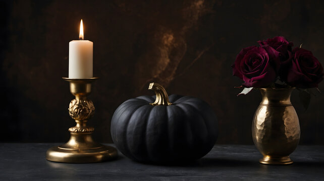 Moody Halloween still life with black pumpkin and candle