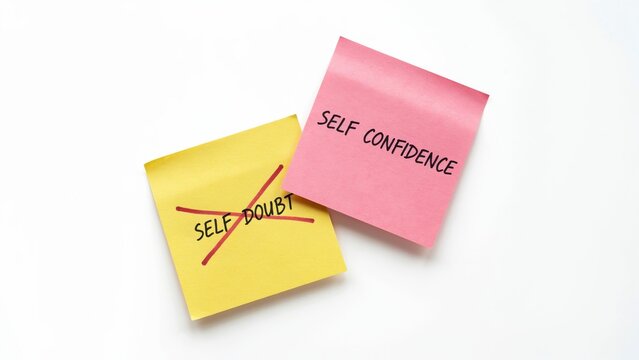 Self confidence and self doubt sticky notes, mental health concept on white background, motivational psychology office supplies