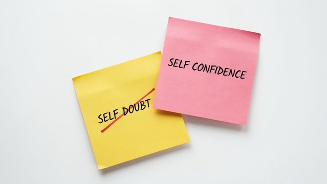 Self confidence and self doubt sticky notes, mental health concept on pink and yellow paper, psychological growth and motivation