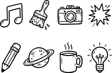 Paintbrush Camera Saturn Planet Coffee Cup Doodle Black White Icon Set © MinhajulIslam