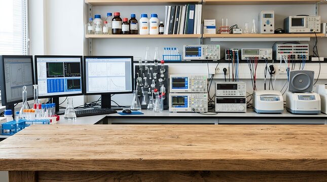 Vacant timber desktop positioned before a scientific research workstation environment  wood table surface empty desk bench laboratory research science room interior background backdrop