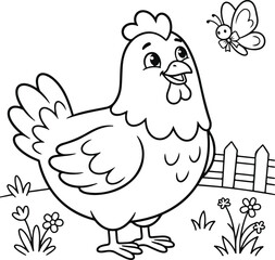 Fototapeta premium Cute cartoon chicken with a butterfly in a meadow, coloring page for kids