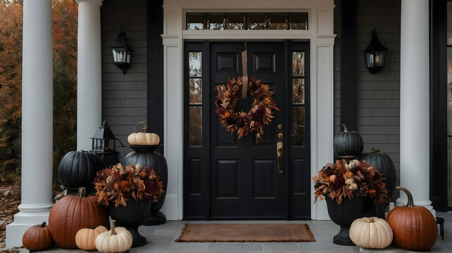 Black front door decorated with autumn Halloween wreath