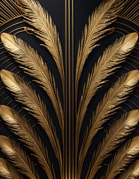 Art deco fan motif with radiating golden lines and symmetric peacock feather pattern