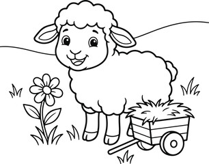 Obraz premium Cute cartoon lamb standing next to a flower and a cart of hay