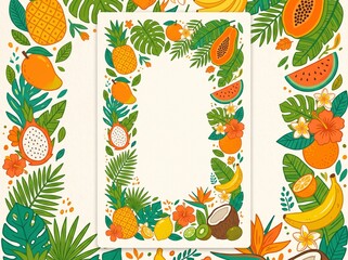Fototapeta premium Green Tropical Fruit Frame Border Background, Flat Illustration with Papaya Coconut and Leaf Pattern Detail and Blank Center for Menu Poster and Packaging Design