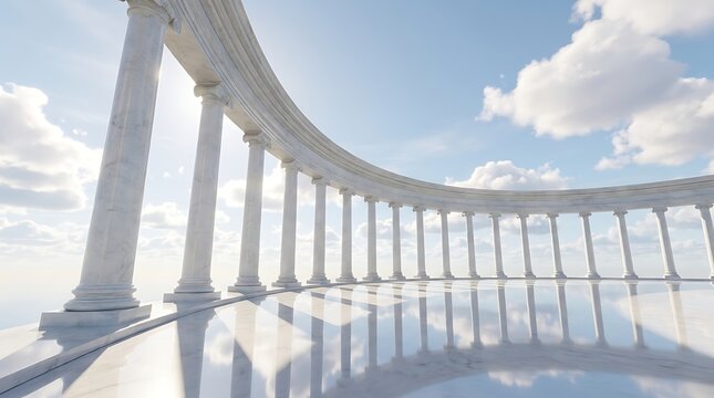 Elegant white marble colonnade with reflective floor under a bright blue sky with clouds