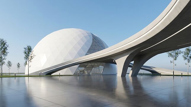 Futuristic white dome building with sweeping curved roof and modern architecture
