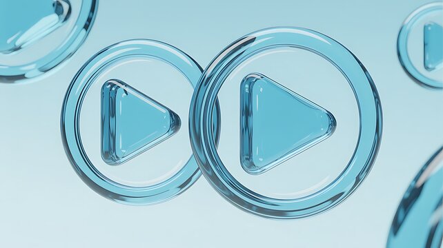 3d blue liquid glass play button set, translucent circle frame with triangle render. Glassmorphism ui element for start playing of video, audio or multimedia. Music and movies badge