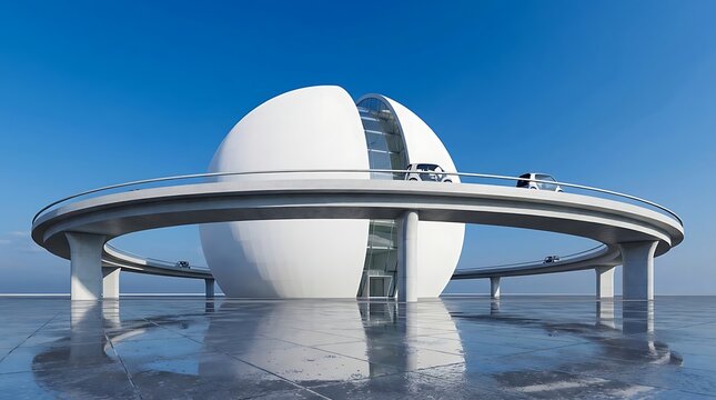 Futuristic overwater resort with spherical hotel suites and circular design on ocean