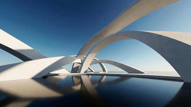 Modern white architectural curves reflecting in calm water under clear blue sky
