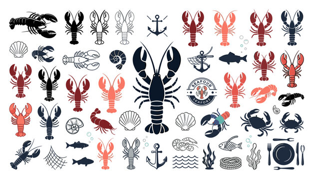 Lobster and Seafood Vector Icon Set with Crab, Fish, Sea Anchors, Shells, and Marine Elements for Restaurant Menus, Nautical Branding, Fishery Labels, and Ocean Food Packaging Designs