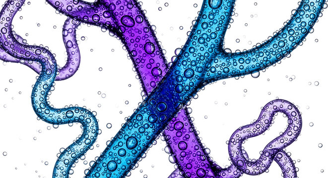 A collection of winding bubble covered tentacles in shades of purple and blue on transparent background appendages limbs
